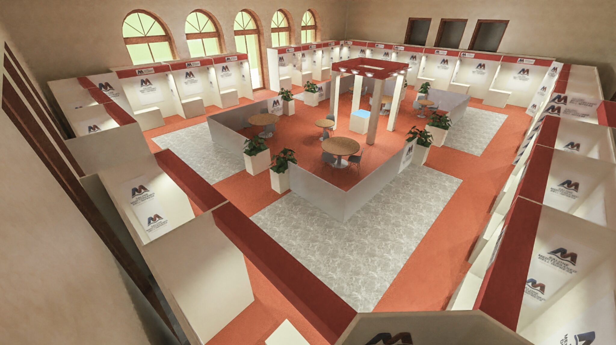 Vista dall'alto dell'area espositiva allestita con stand modulari